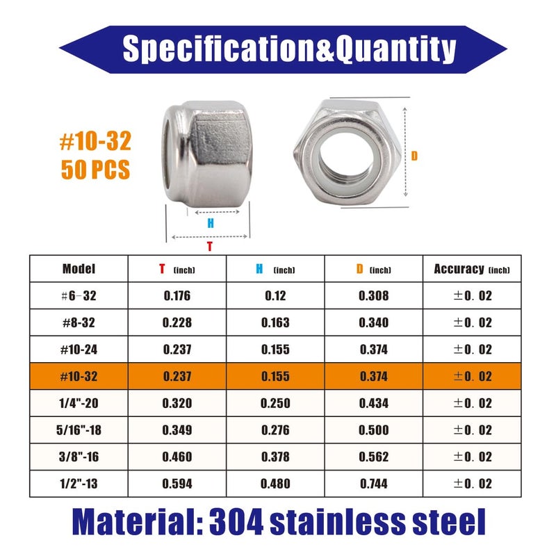 STORMCUBE #10-32 Nylon Insert Hex Lock Nuts 50 Pack 304 Stainless Steel Self-Locking Nylon Lock Nuts Plain Finish for Industrial Construction Fasteners - Image 2